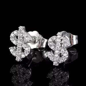 🆕 Dollar Sign Diamond Studded Earrings, 18K White Gold Hypoallergenic 🆕